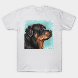 Painting of an Adorable Rottweiler from the Side, Light Blue Spattered Background T-Shirt